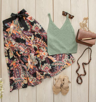 Black midi skirt with white flowers